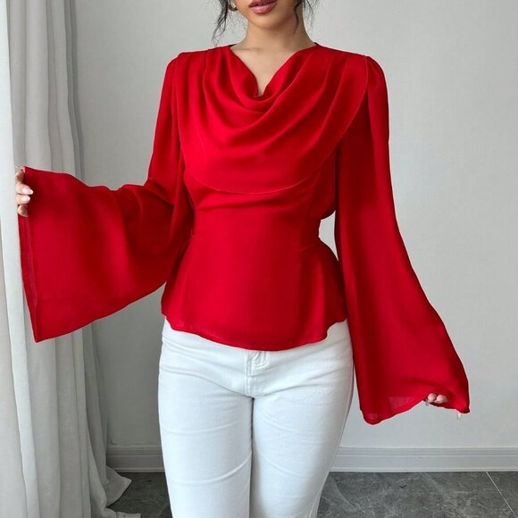 Red Elegant Women's Draped Neck Flared Sleeves Bow Tie Cuffs Blouse - Picture 3 of 6